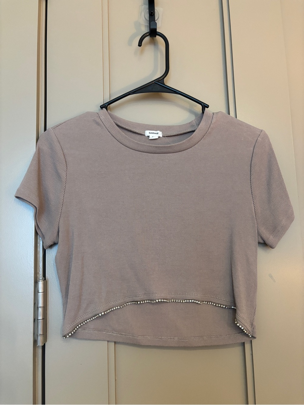 Garage Taupe Ribbed Cropped Tee with Rhinestone Hem
